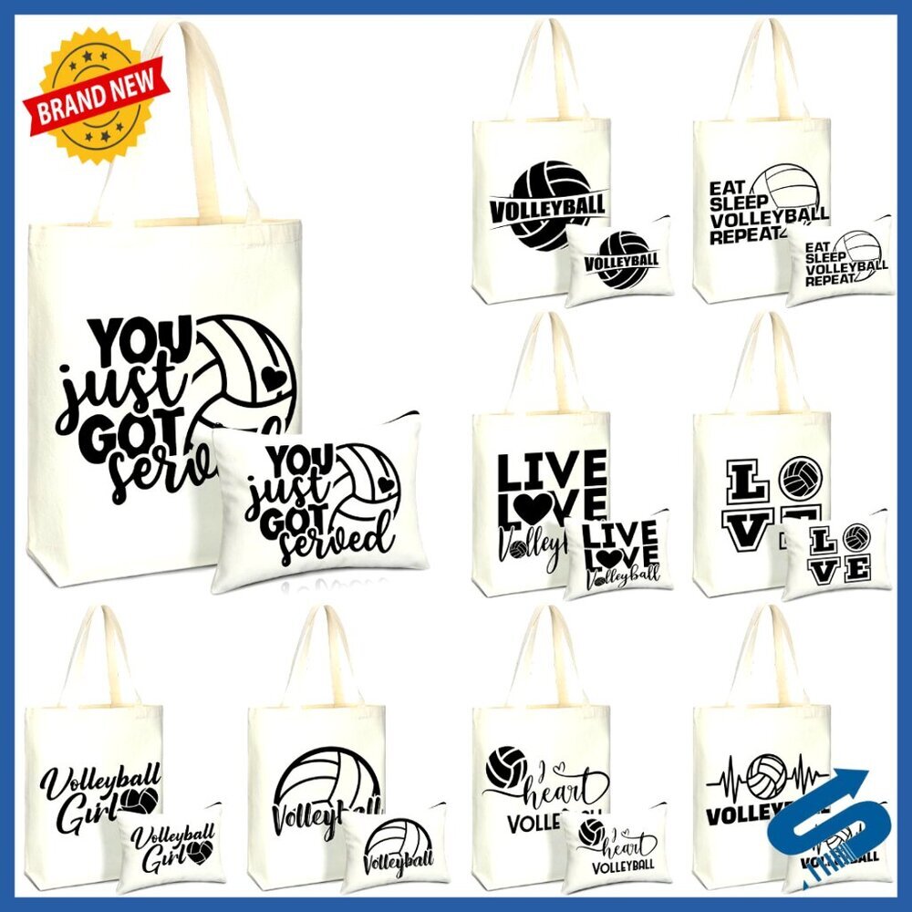 Volleyball Themed Canvas Tote and Makeup Bag Set Sports Travel Gift